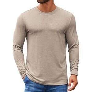 COOFANDY Men Khaki Crew Neck T-Shirt Long Sleeve Pullover Tees Soft Stretch